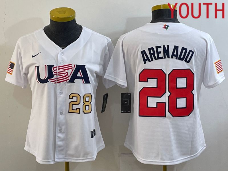 Youth 2023 World Cub USA #28 Arenado White MLB Jersey->youth mlb jersey->Youth Jersey
